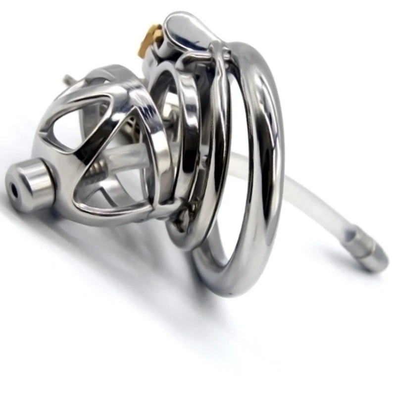 

Male Chastity Device Creative Hollow Stainless Steel Male Chastity Cage with Anti-Detachment Ring Silicone Catheters G7-1-252F