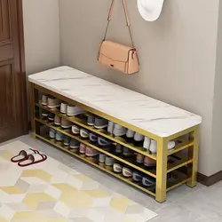 Armario de almacenamiento de zapatos largo de acero y madera, taburete de entrada, taburete de reposapiés, cambio de asiento
