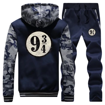 

Nine and Three Quarters Vintage Print Winter Hooded Mens Streetwear Camouflage Raglan Suit Coat Thick Hoodie+Pants 2 Piece Set