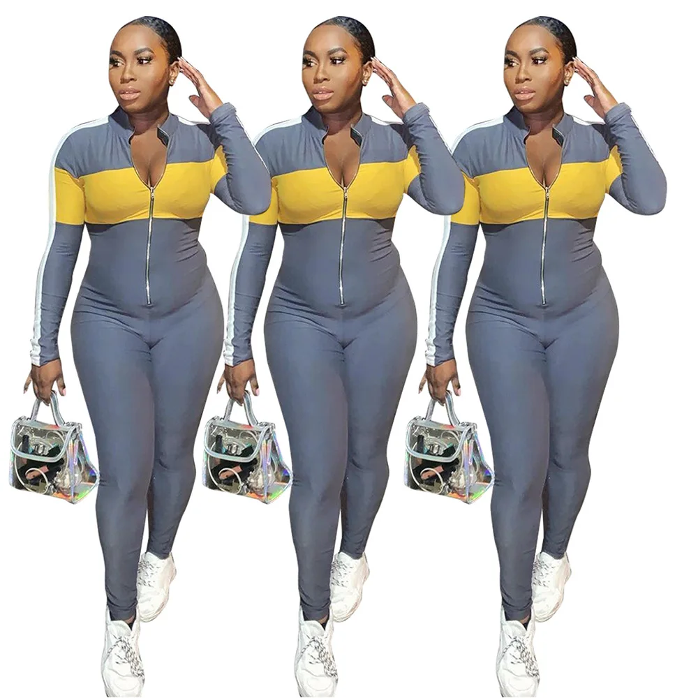 

Women casual jumpsuit long sleeve splice turn down collar sexy overalls casual sporty romper women body femme sportwear gray run