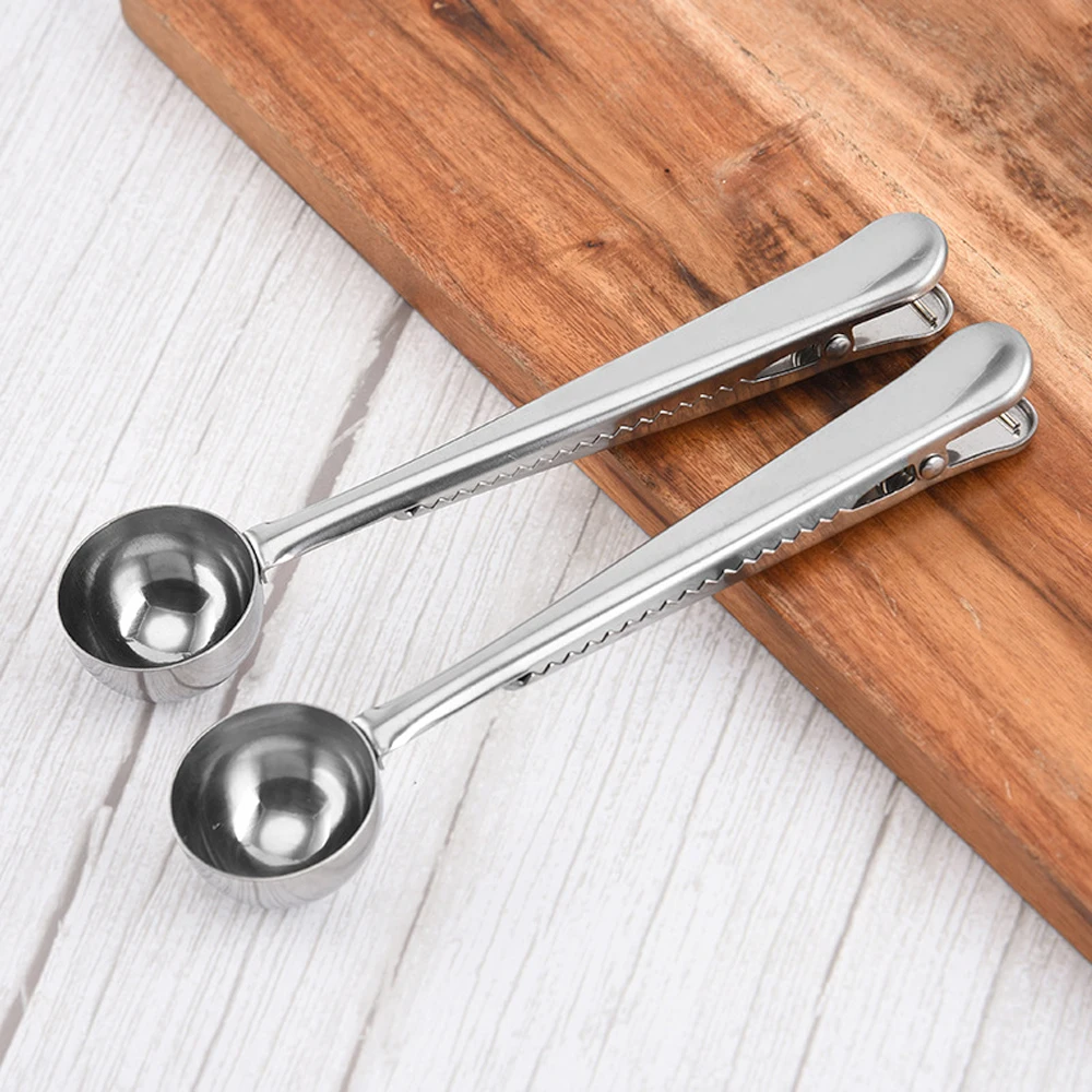 LUCF 2 in 1 Function Stainless Steel Coffee Spoon with Sealing Clip Powder Tea Measuring Scoop Metal Food Clamp Kitchen Gadget