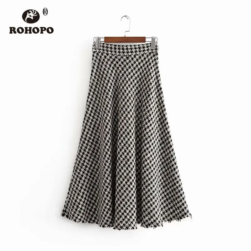 ROHOPO Houndstooth Высокая талия твидовая Расклешенная юбка миди британская Academy Slip Hem
