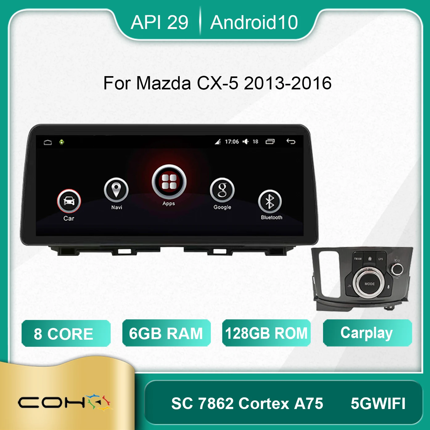 COHO For Mazda CX-5 2013-2016 12.3 인치 안드로이드 10.0 Octa 코어 6 + 128G 차량용 멀티미디어 플레이어 스테레오 라디오 냉각 팬