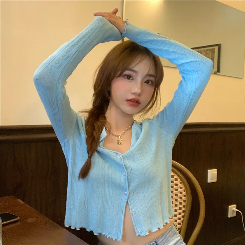

gu lan Fairy Early Autumn Candy-Colored Short Tops Online Celebrity Thin Coat Long-sleeve Knitwear Female Sun-resistant Cardigan