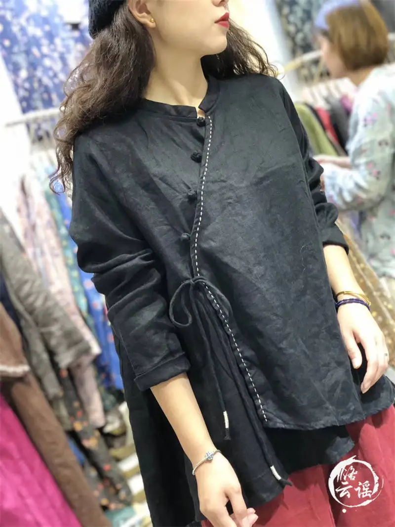 Spring Autumn Arts Style Women Long Sleeve Loose Shirt Vintage Button Solid Cotton Linen Blouses Plus Size Blusa Feminina S584 black long sleeve top