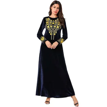 

Middle Eastern fashion large size women's robes Muslim embroidered long skirt Arab Dubai Ramadan mosque gold velvet dress