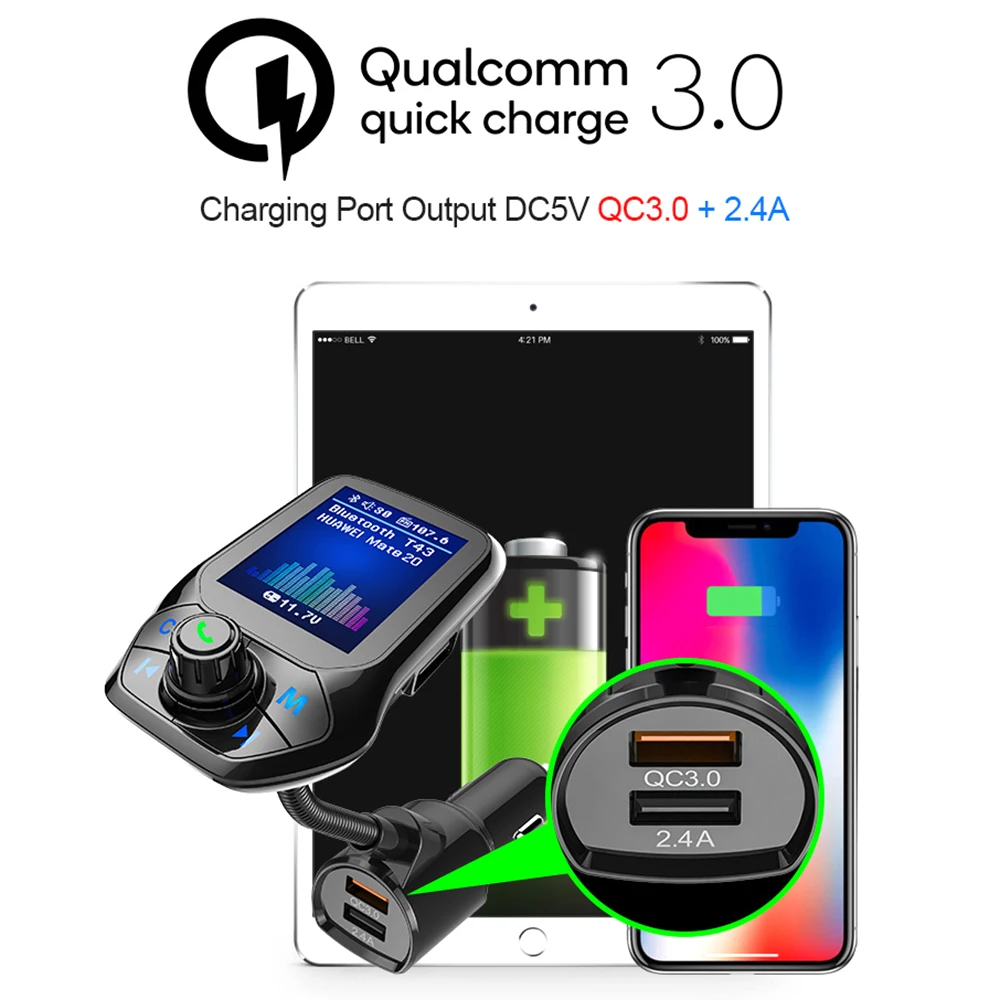 1,8 дюймов TFT QC 3,0 цветной дисплей Быстрая зарядка автомобильный комплект Bluetooth Handsfree fm-передатчик MP3 музыкальный плеер 3 USB порта