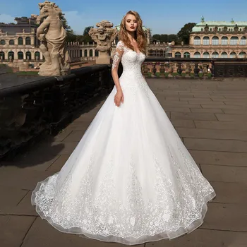 

Vintage Vestido De Noiva Muslim Wedding Dresses Ball Gown Half Sleeves Tulle Appliques Lace Boho Wedding Gown Bridal Dresses