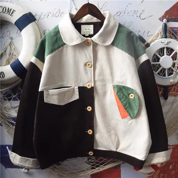 

Japanese Autumn Vintag Women Coat Splice Pocket Soft Sister Corduroy Harajuku Young Girl Loose Doll Collar Student Short Jacket
