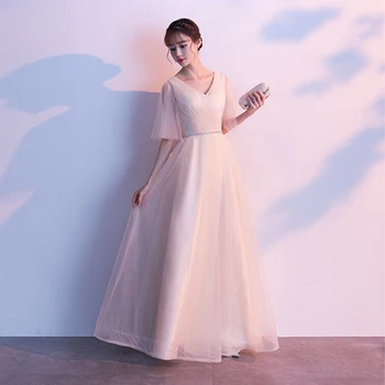 

Evening Dresses Long Dress 2020 Elegant A Line V Neck Floor Length Tulle Lace-up With Sparkle Dress Vestido De