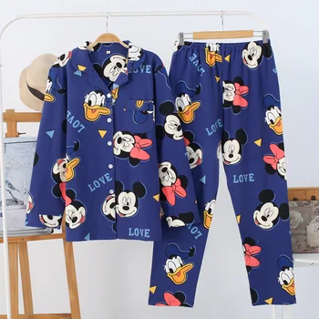 

Disney Cartoon 100% Cotton Parent-child sleepwear Mickey mouse Minnie Cardigan Long Sleeve set Pajamas Lady Homewear nightgowns