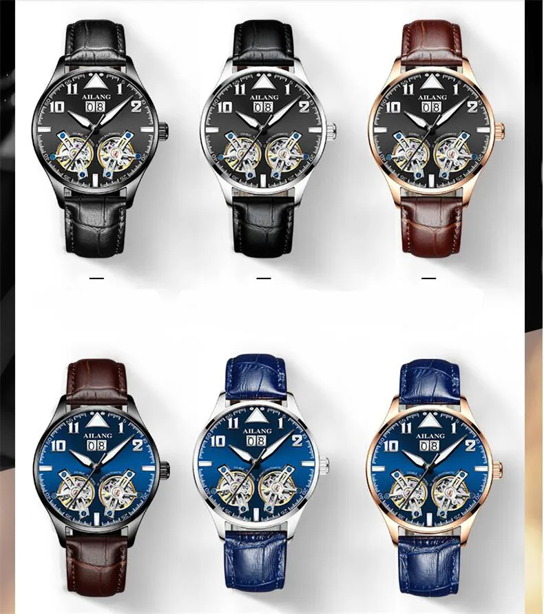 Часы с двойным турбийоном AILANG, Мужские автоматические часы, модные мужские механические наручные часы с кожаным ремешком, мужские часы