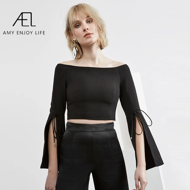 Ael Summer Boat Women Long Split Sleeve Laces Up Crop Elegant Slim Tight Blouse - Women Blouse - AliExpress