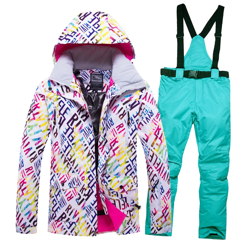 Комплект из лыжной куртки и штанов с буквами, Женский комплект для сноуборда, пальто и брюки для сноубординга, женская зимняя теплая одежда, лыжное пальто для женщин - Цвет: lake blue
