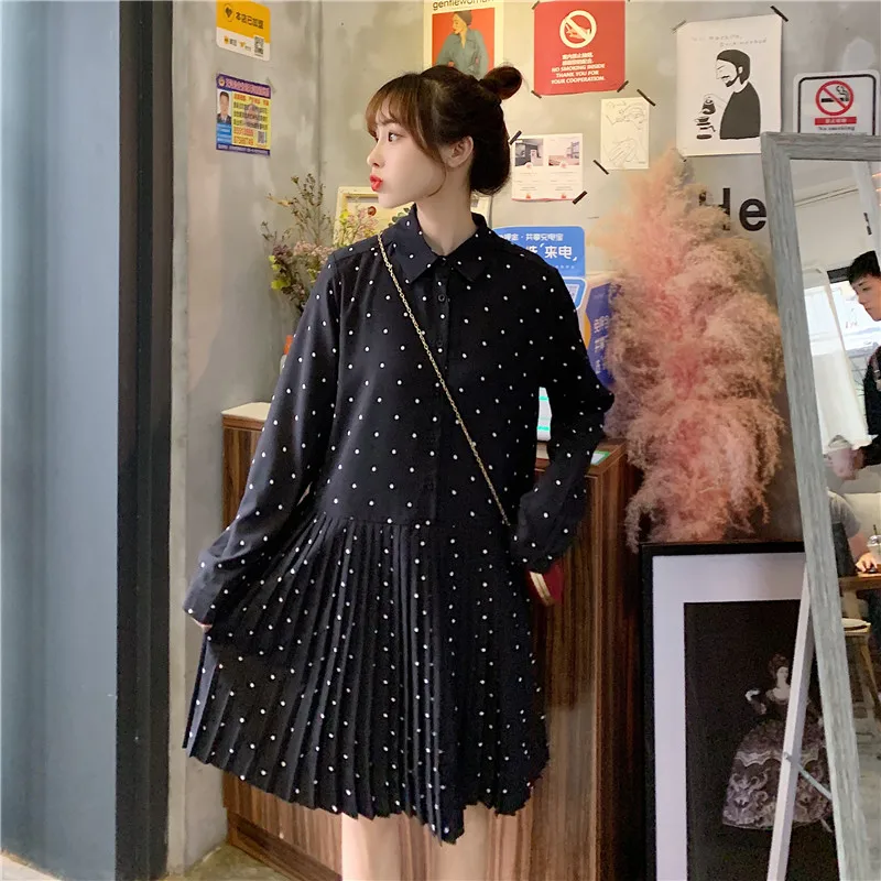 

2020 Spring Korean Long-Sleeved Polka-Dot Chiffon Dress M-4XL Elegant Women Natural Pleated Mini Dress Bodycon Party Vestidos