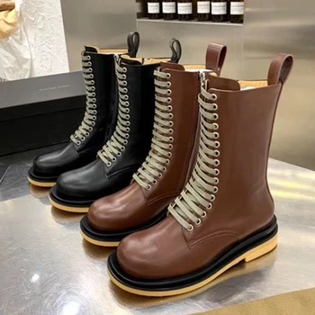 

Women Ankle Boots Geniune Leather Lace UP Women Short Boots Autumn Winter Round Toe Flats Boots Runway Motorcycle boots Shoes