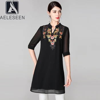 

AELESEEN Casual Plus Size Blouse 2020 Spring Summer Fahsion Women Half Sleeve Flower Embroidery Black White V-Neck Blouse