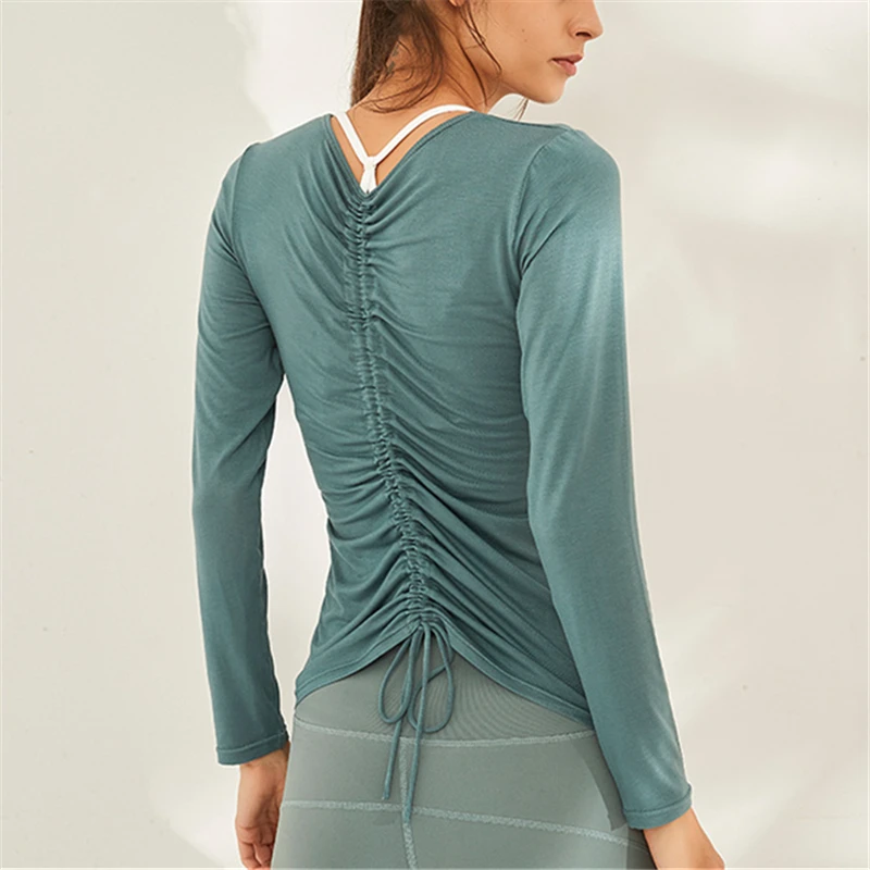 Drastring Back Yoga Top Ultra Soft Long Sleeve Workout Shirts Breathable Fitnss Gym Clothing Modal Sports Wear For Women Gym