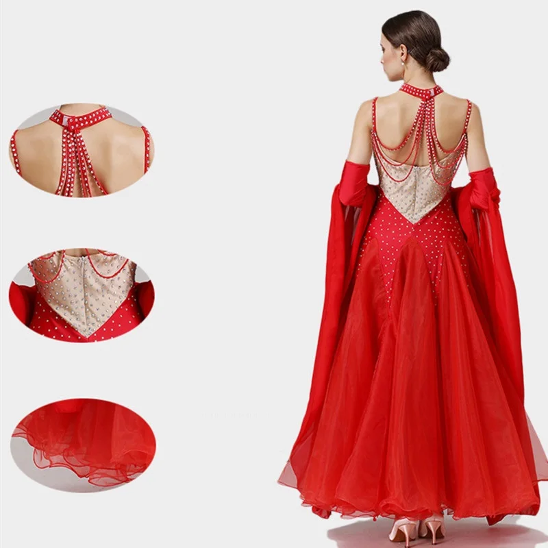 Rhinestone Elegant Long Yarn Red Ballroom Dance Competition Dresses Standard Ballroom Dress Fringe Waltz Dance Costumes