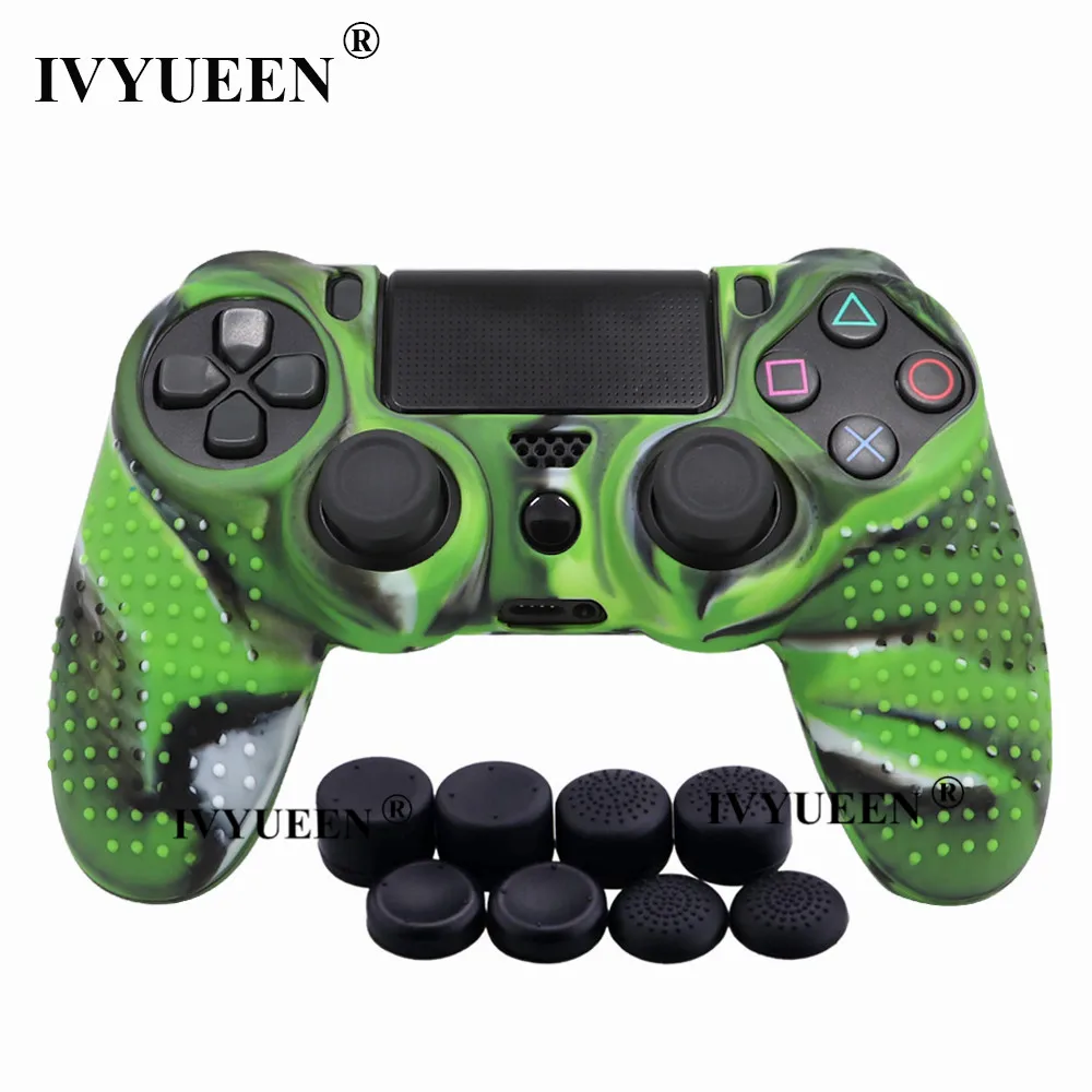 Green Camo IVYUEEN 9 в 1 для Dualshock 4 PS4 Slim Pro контроллер Шипованная Кожа Премиум Защитный Противоскользящий Мягкий силиконовый чехол-накладка - Цвет: Green Camo