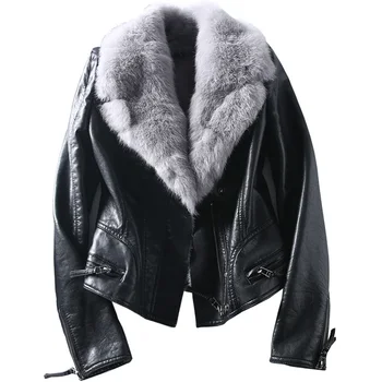 

Faux Rex Rabbit Fur Collar PU Leather Jacket Female Autumn Winter Coat Women Clothes 2020 Korean Tops ZT4466
