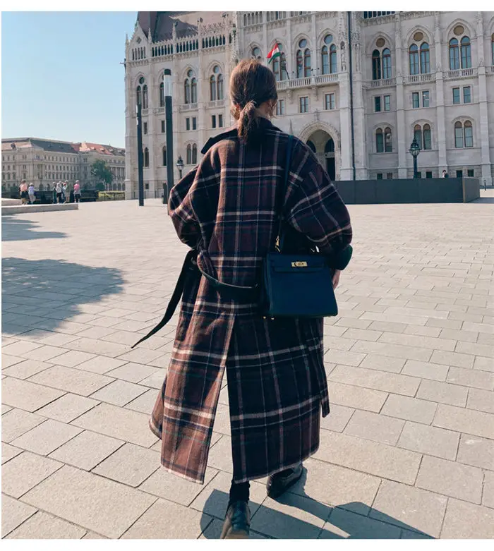 Ретро клетчатое шерстяное пальто для женщин осень и зима новая корейская мода свободная Длинная ветровка утолщенное пальто для женщин f2236