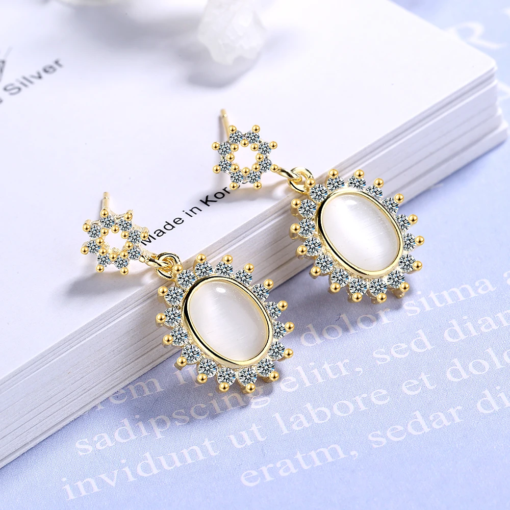 yellow gold ANENJERY, винтажные, 925 пробы, серебряные серьги, циркон, опал, цветок, серьги для женщин, два цвета, S-E923 - Окраска металла: yellow gold