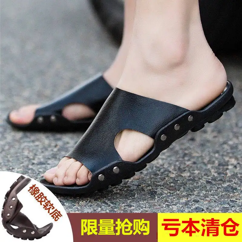 

Men Slippers Leather Sandals Mens Shoes Casual Flip Flops Male chanclas hombre Beach Slides Slipper Men chaussure homme 2019 New