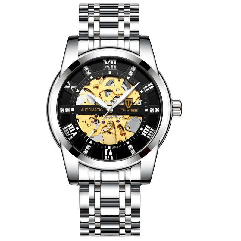 Швейцарский бренд, качественные автоматические часы, мужские часы, модные, черные, стальные, самовзводные, механические часы, полые, с бриллиантовым циферблатом, мужские часы