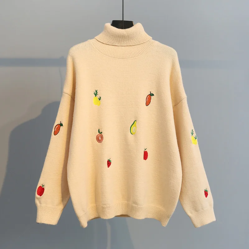 Neploe вышивка водолазка Pull Femme консервативный стиль Фрукты женские топы осень зима теплый свитер с длинным рукавом пуловер 55797 - Цвет: apricot