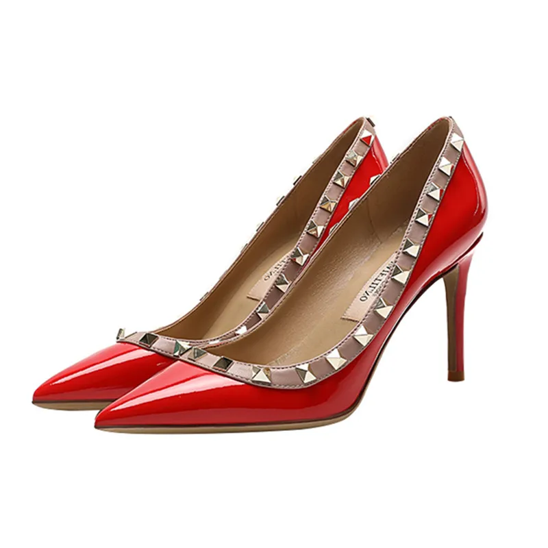 

Fashion Women Rivet Pumps Genuine Leather Women Thin Heels Stilettos Ladies Office Sexy High Heels for Party Daily Spring Shoes