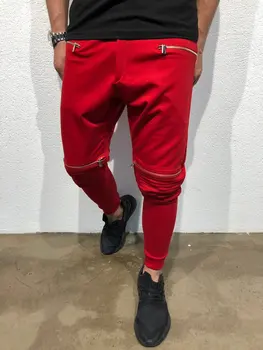 

2019 New Fashion Men's Wild Casual Fashion Sport Pants Pleated Zipper Stitching Feet of Pure Color Pants Men Size 3XL