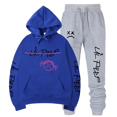 RIP Lil Peep Толстовка наборы для мужчин/женщин зимние теплые флисовые толстовки+ тренировочные брюки костюмы Harajuku Хип-хоп Пуловер толстовки - Цвет: Blue and Gray