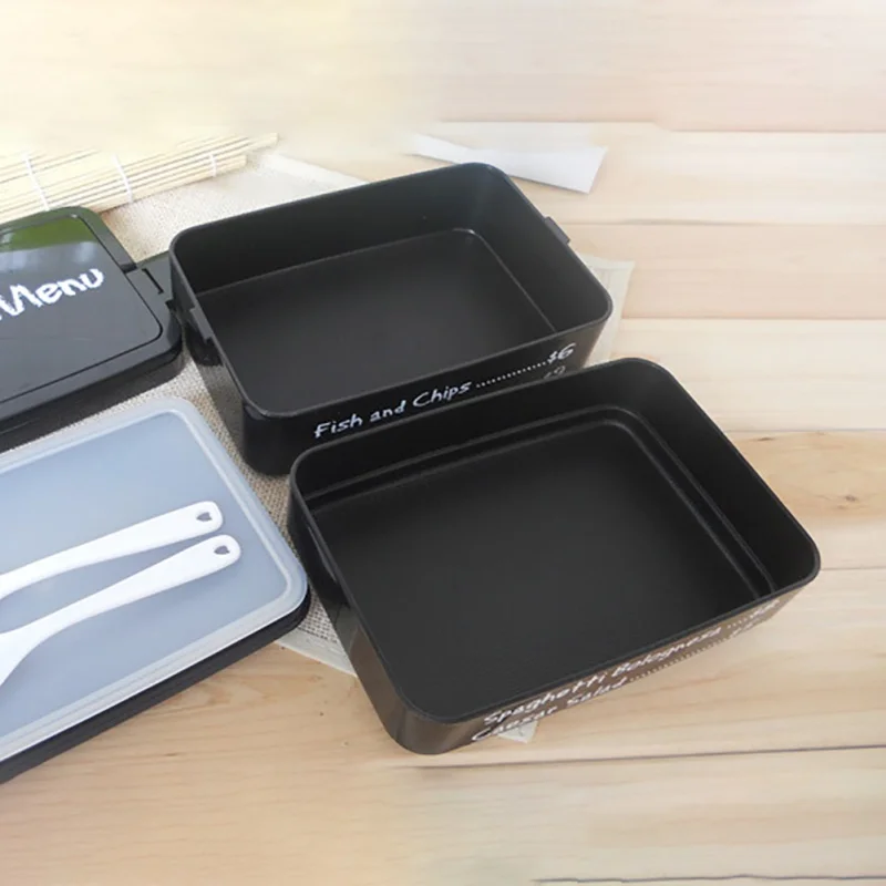 Household Portable Square Shape Lunch Box Concise Black/Green Double Layer Plastic Hand Held Microwave Lunch Box