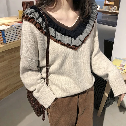 beige pullover Woherb винтажный свитер для женщин с оборками и v-образным вырезом, пуловеры с длинными рукавами Harajuku, повседневное вязаное Свободное Топы, модные новые Джемперы 90903 - Цвет: beige pullover