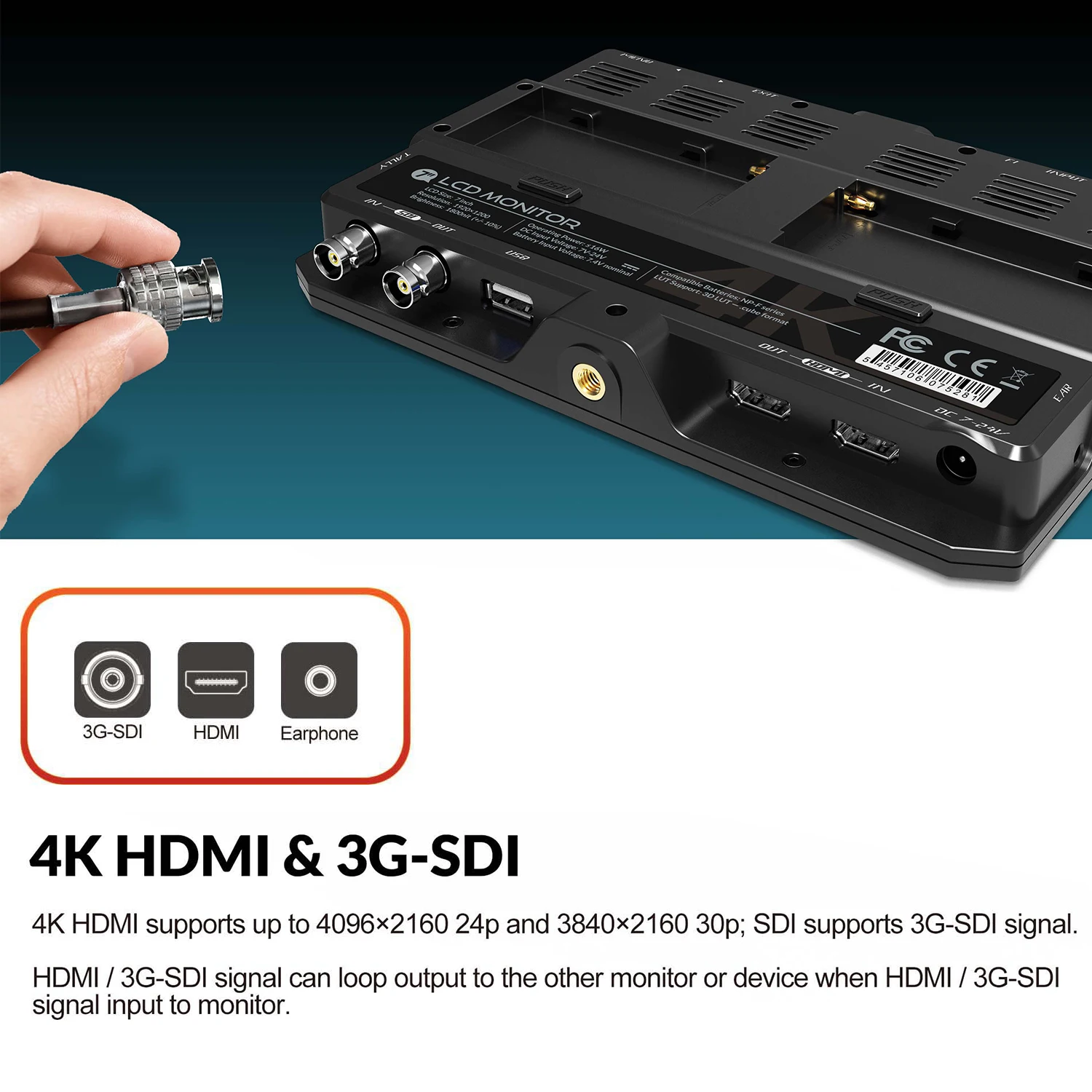 7 Inch 4K Ultra Brightness On-Camera Monitor with Full HD Resolution 1800nit Sunlight Viewable 4K-HDMI & 3G-SDI