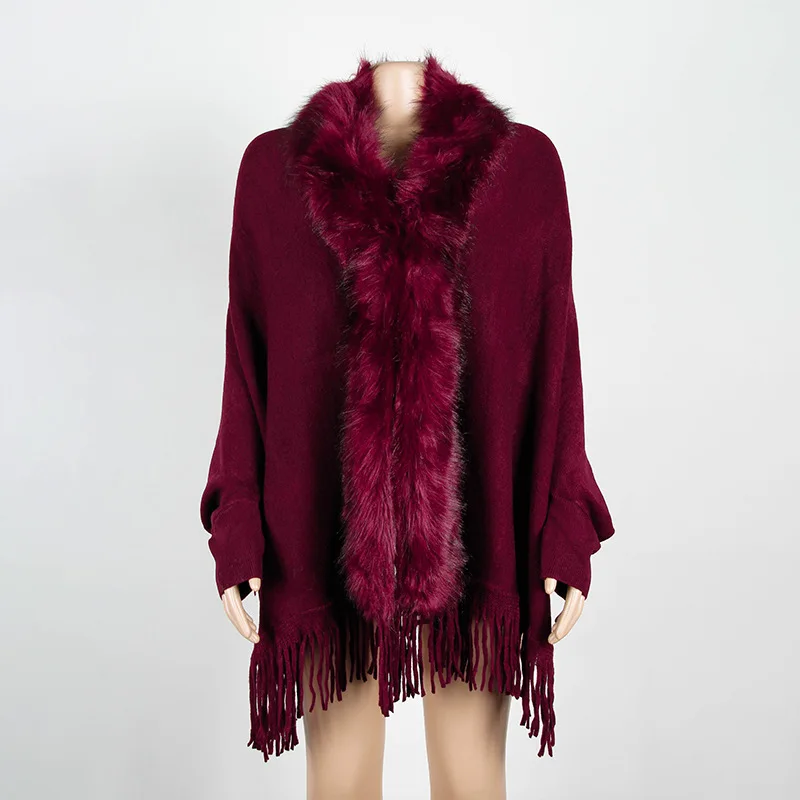 Purple Red KALENMOS/осенне-зимние свитера, плащи, женский кардиган с плюшевым воротником, Вязаная Шаль, верхняя одежда, элегантный свитер с кисточками, плащи, обертывания - Цвет: Purple Red