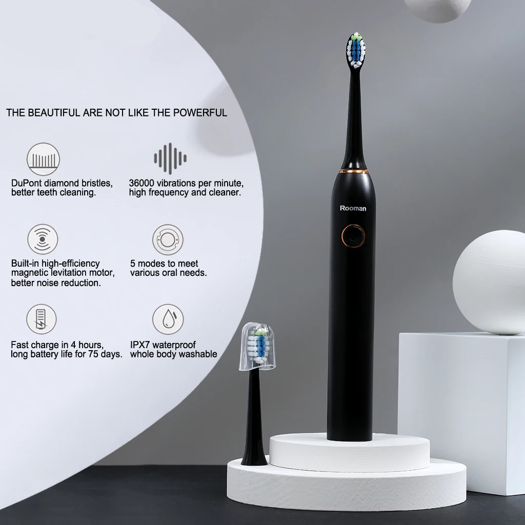 

Rooman Deep Cleaning Electric Toothbrush 5 Modes Adult Tooth Brush Automatic USB Rechargeable IPX7 waterproof Oscillating Brush