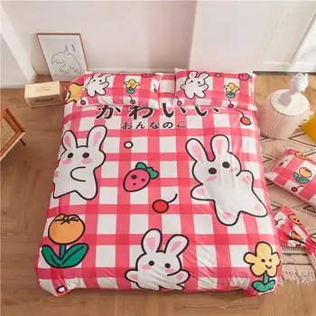

Children Bedding Set Flannel Pink and white plaid Bed linen Long-eared rabbit Bed Set Anti-static Duvet Cover Cartoon Pillowcase