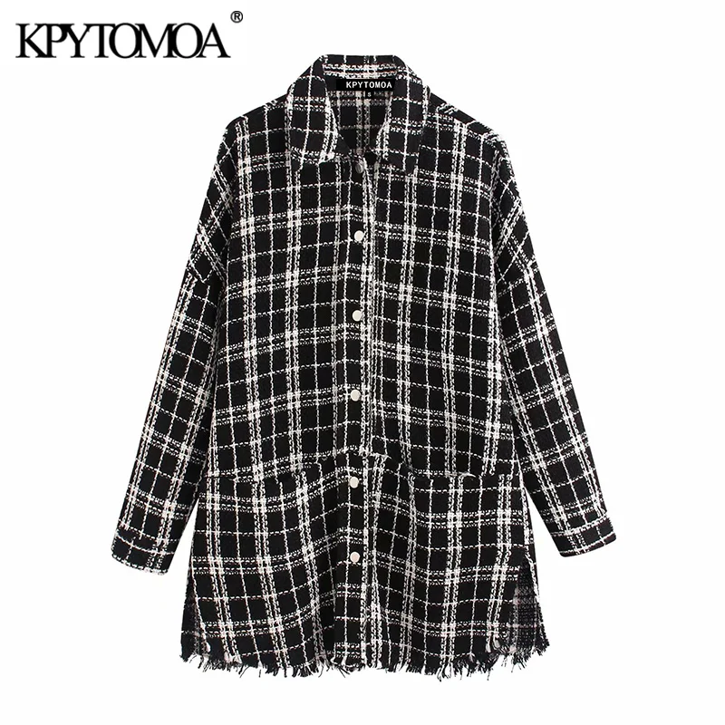 

Vintage Stylish Pockets Frayed Plaid Tweed Jacket Coat Women 2020 Fashion Long Sleeve Loose Female Outerwear Chic Tops