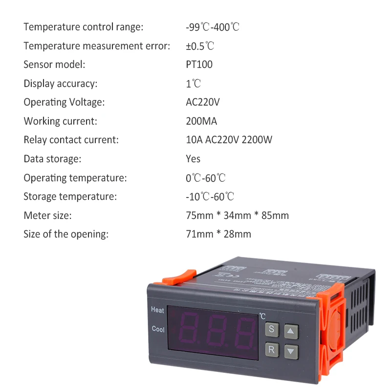 Digital Temperature Controller Digital Thermostat Digital Temperature Controller-99~400 degree PT100 M8 Probe Thermocouple Sensor Embedded Thermostat 220V Heating Cooling Switch