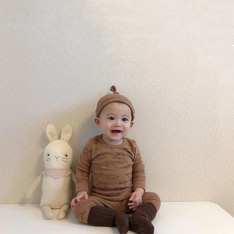 

Autumn Baby Boys Girls Dinosaur Print Romper Hat Kids Girl Long Sleeve Infant Newborn Baby Home Clothes Tops And Pants Set