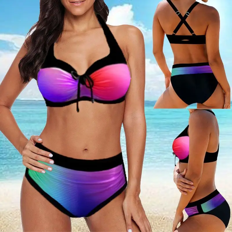 

Plus Size 5Xl Women's Swimming Suit 2019 Women Boho Halter Push Up Bandeau Bikini Set Two Piece Swimsuits swimwear women tankin