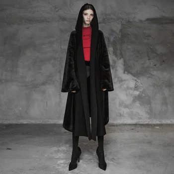 

PUNK RAVE Women Witch's Long Cardigan Jacket Plush with Sweater Splice Loose Personality Side Fork Hooded Casual Winter Coat