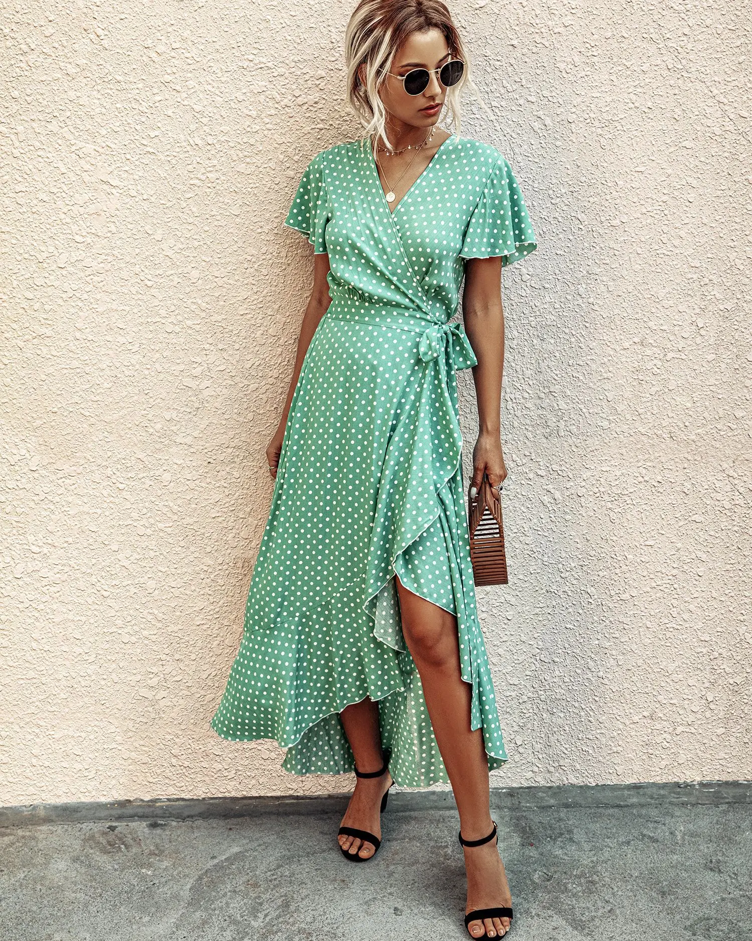 Summer Maxi Dress Women Polka Dot Sexy V Neck Ruffles Short Sleeve Holiday Long Beach Sundress Ladies Lace Up Wrap Party Dresses