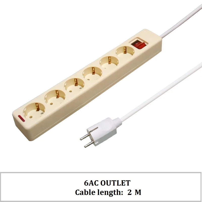 Cable length 2M Мощность полосы 6AC розетки с включения/выключения Европейский немецкий стандарт офис расширители 1,5/2/3 м Мощность кабель - Цвет: Cable length 2M