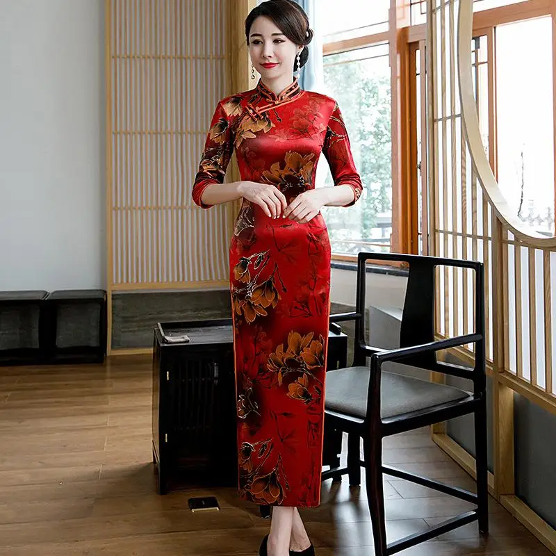 Сексуальное женское тонкое элегантное бархатное свадебное платье Cheongsam с высоким разрезом в китайском стиле для невесты, большие размеры 3XL-5XL, с цветочным принтом, Qipao Vestidos - Цвет: Красный
