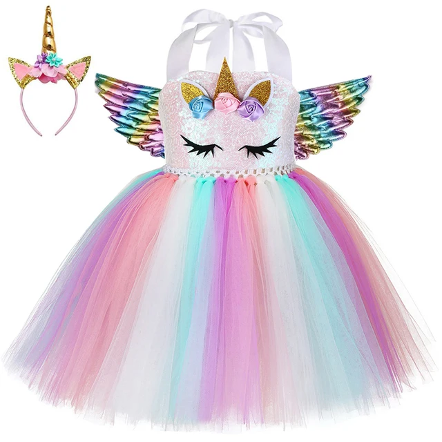 Kids World Book Day Unicorn Costume Girls Birthday Party LED Lights Sequin Rainbow Tutu Dress Shiny Princess Cosplay Costume style-B