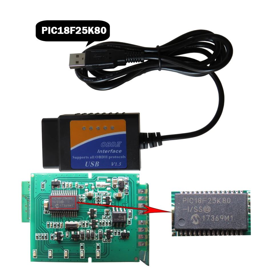 

USB Interface ELM327 OBD2 Diagnostic Scanner ELM 327 V 1.5 OBD 2 Auto Code Reader ELM-327 V1.5 Scan Tools Real PIC18F25K80 Chip