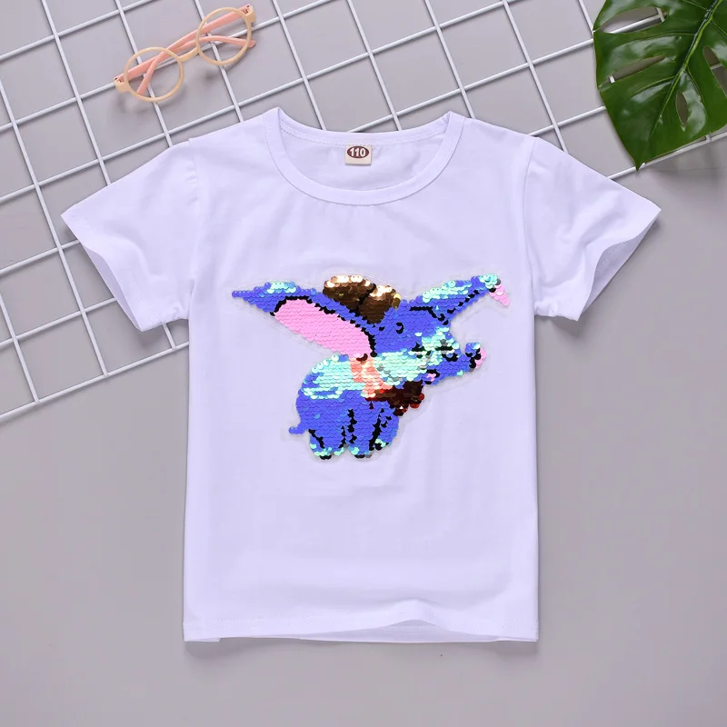 От 3 до 12 лет, милые футболки с блестками и слон Дамбо, модная детская футболка для девочек, детские топы, одежда - Цвет: A style